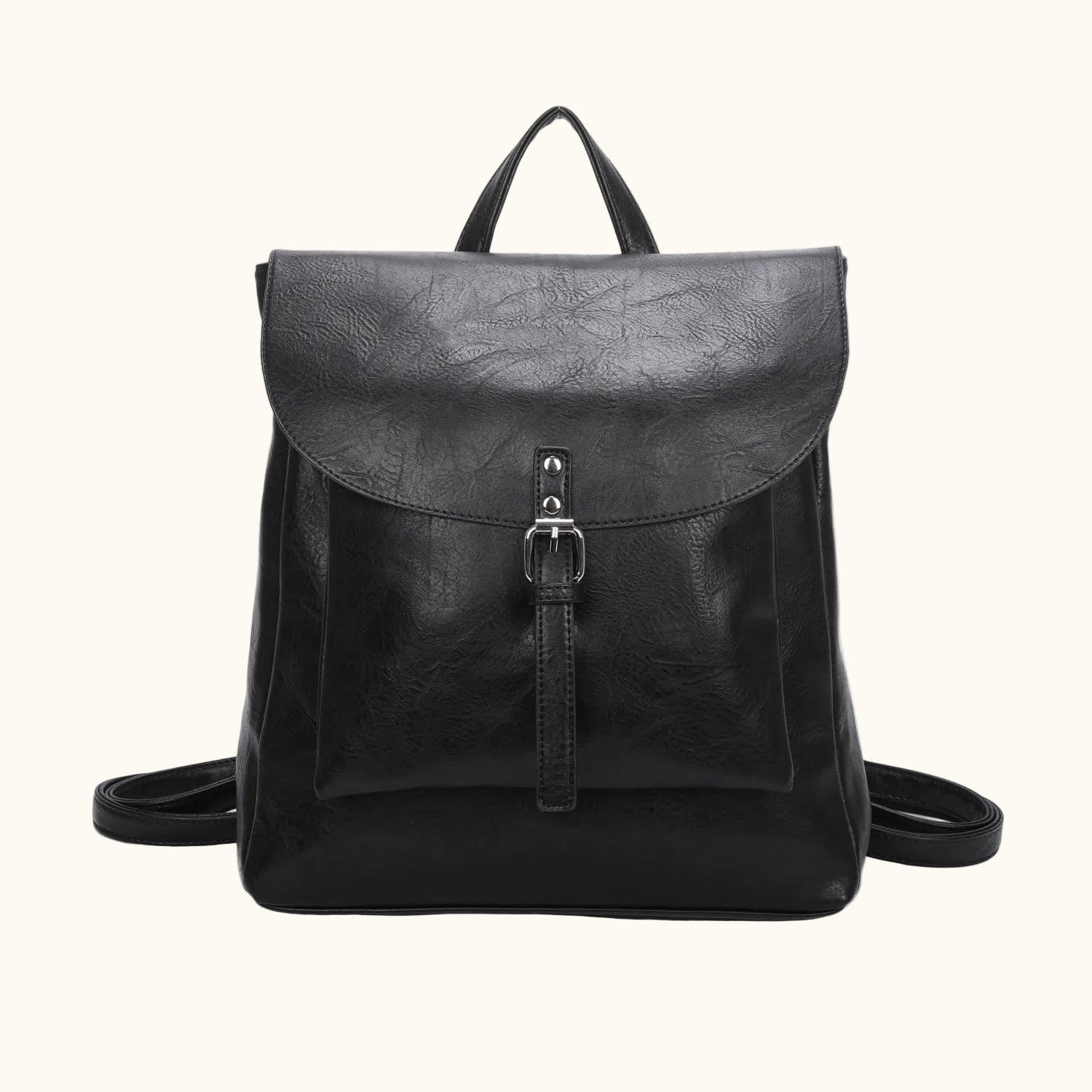 Black leather backpack on a white background