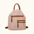 Pink backpack with brown accents on a white background
