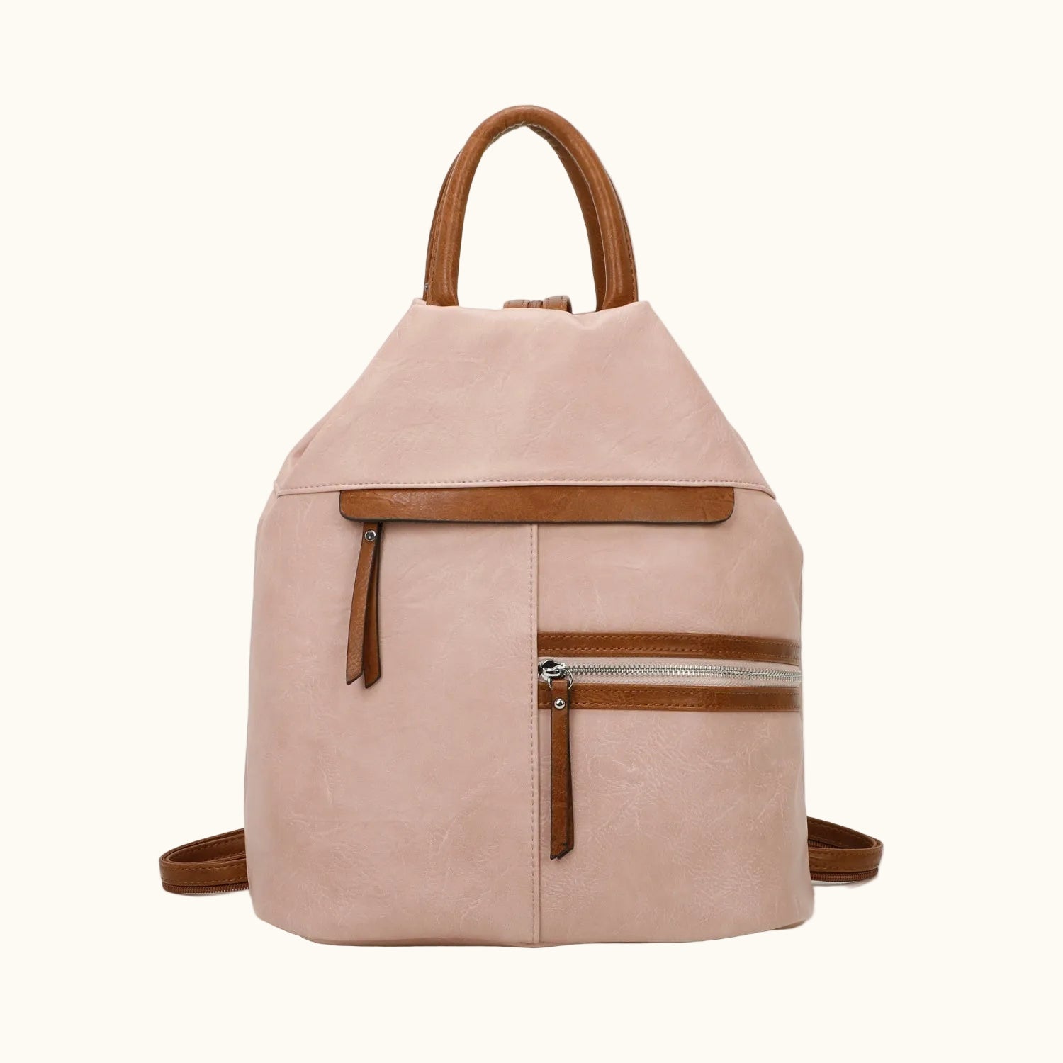 Pink backpack with brown accents on a white background