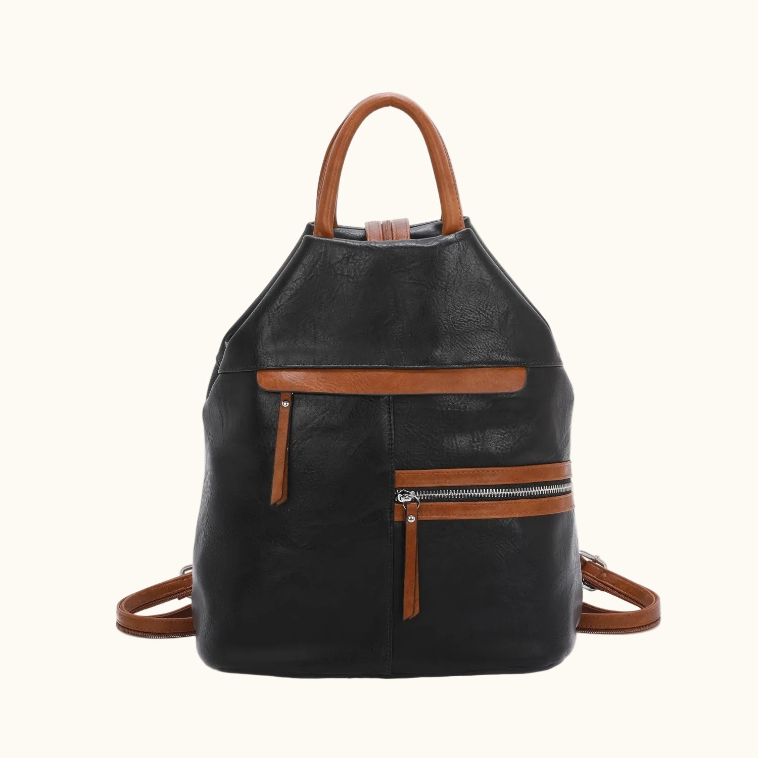 Black leather backpack with brown accents on a white background