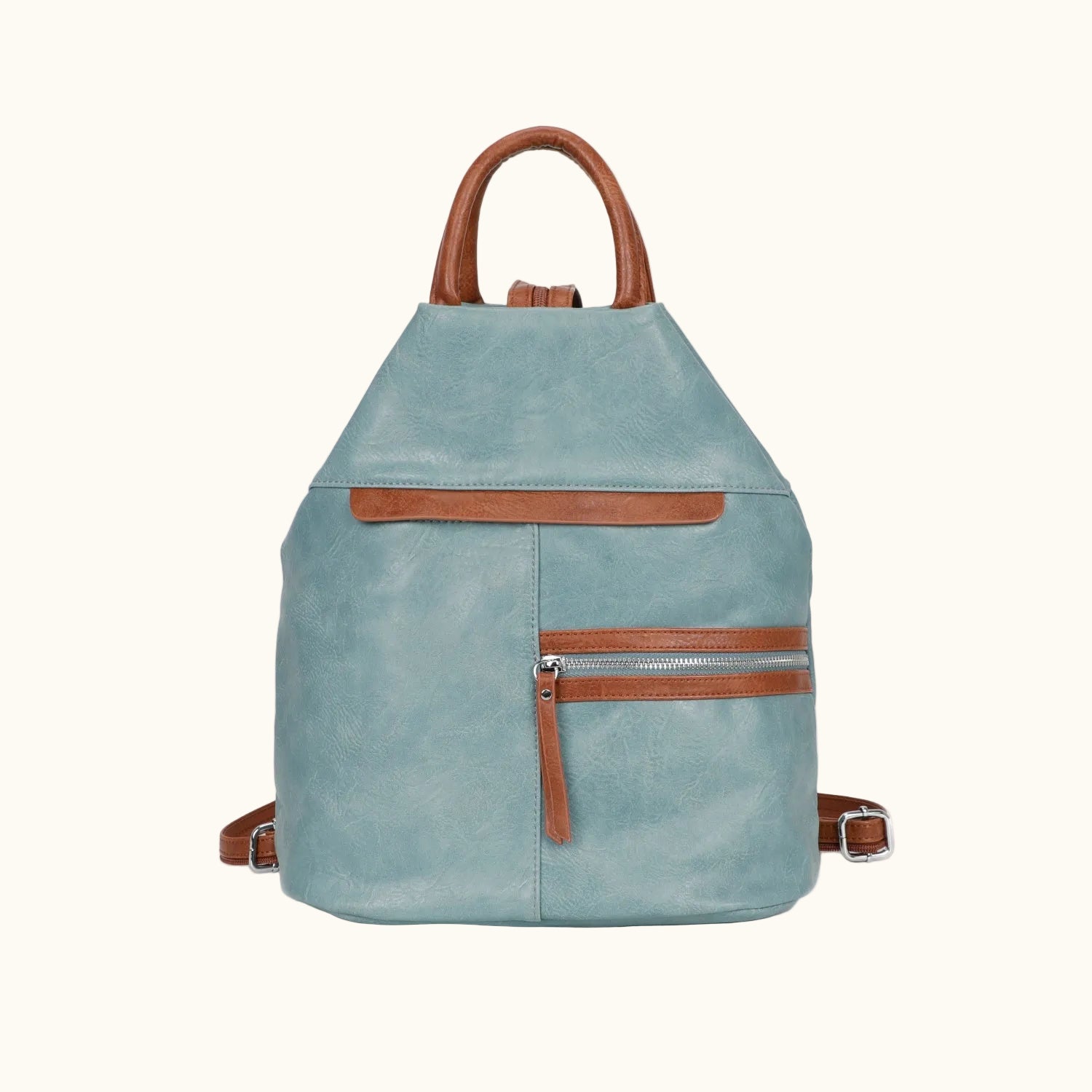 Light blue backpack with brown accents on a white background