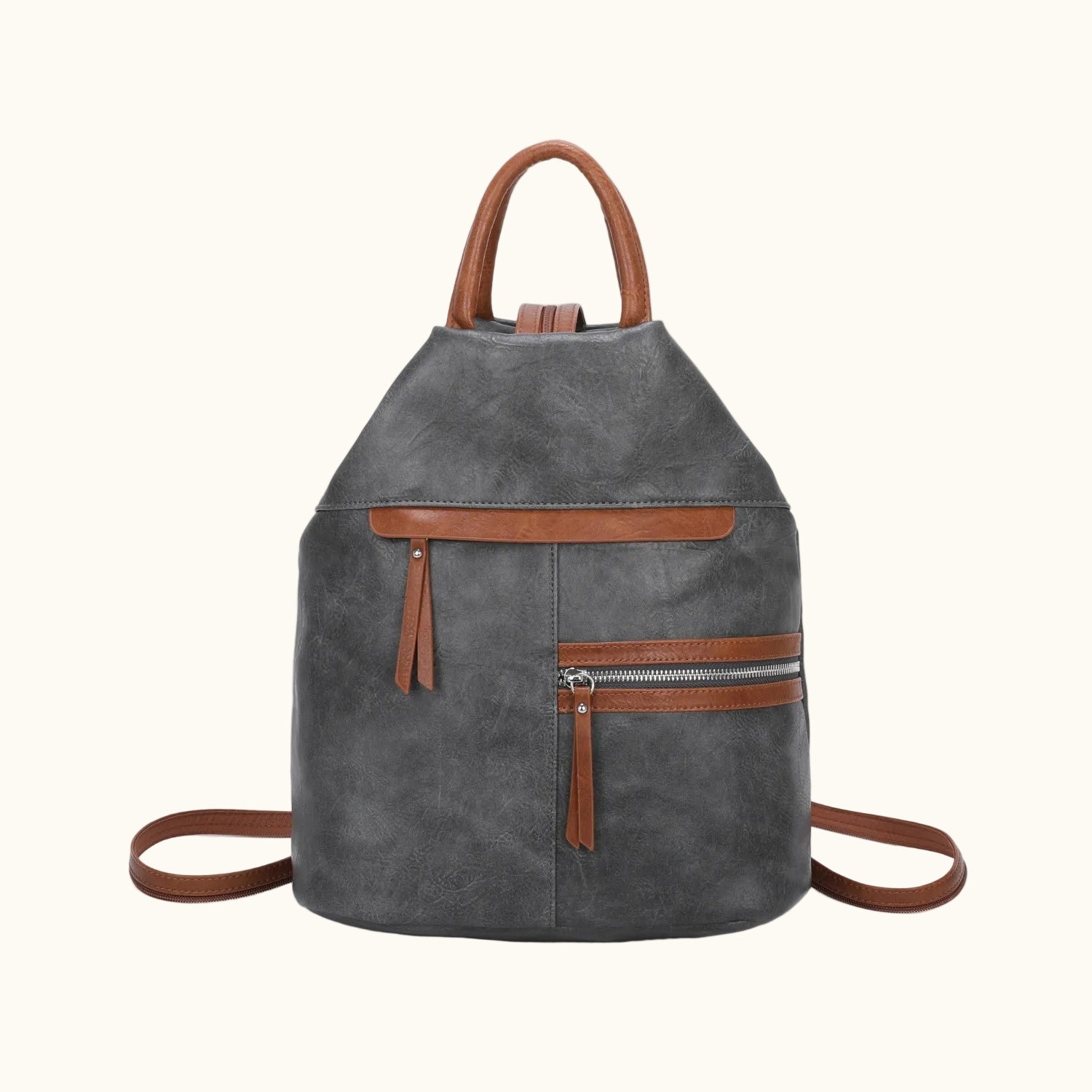 Gray backpack with brown accents on a white background