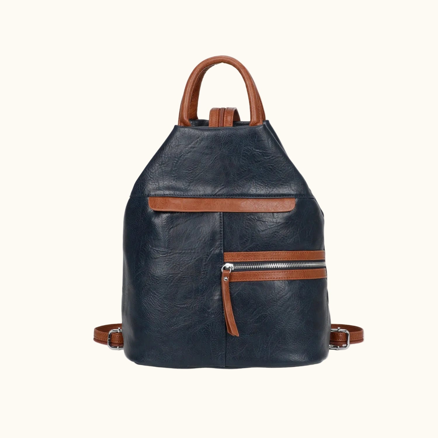 Blue leather backpack with brown accents on a white background