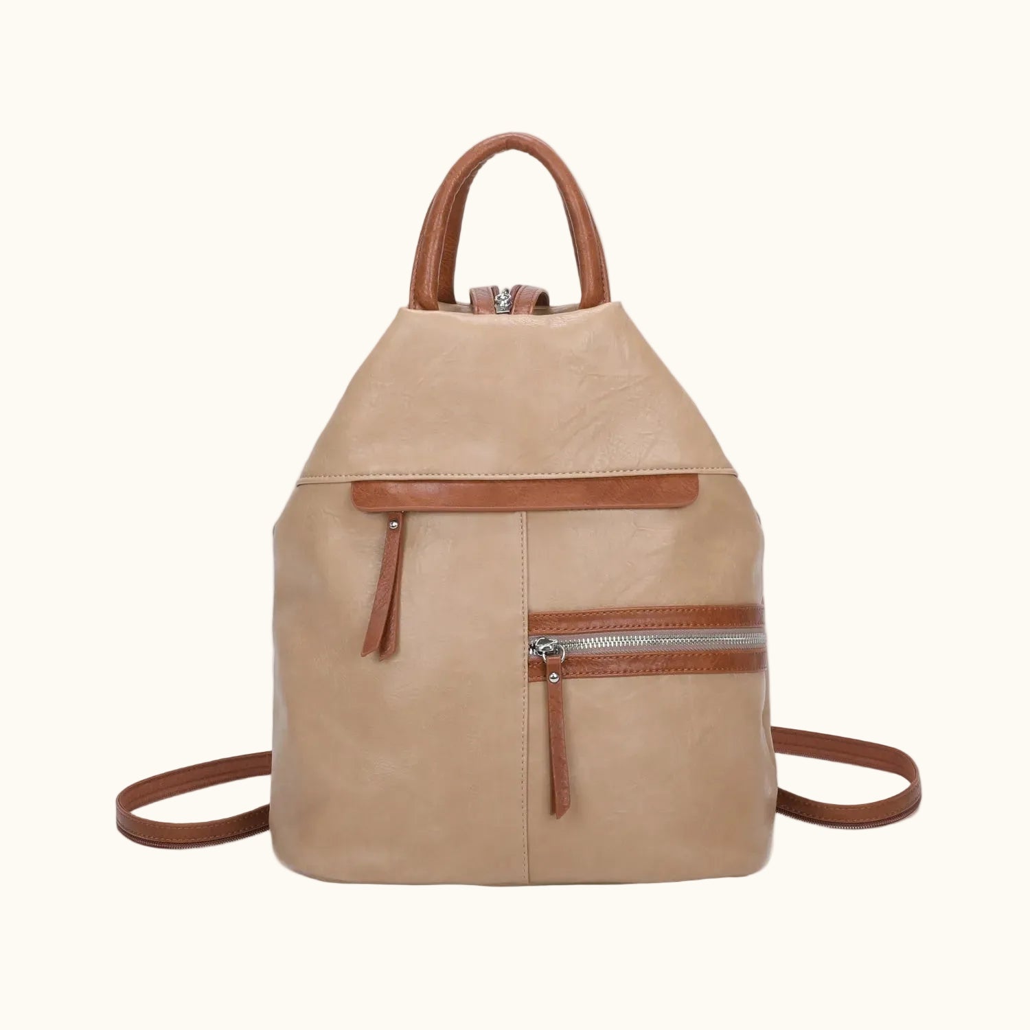 Beige backpack with brown accents on a white background