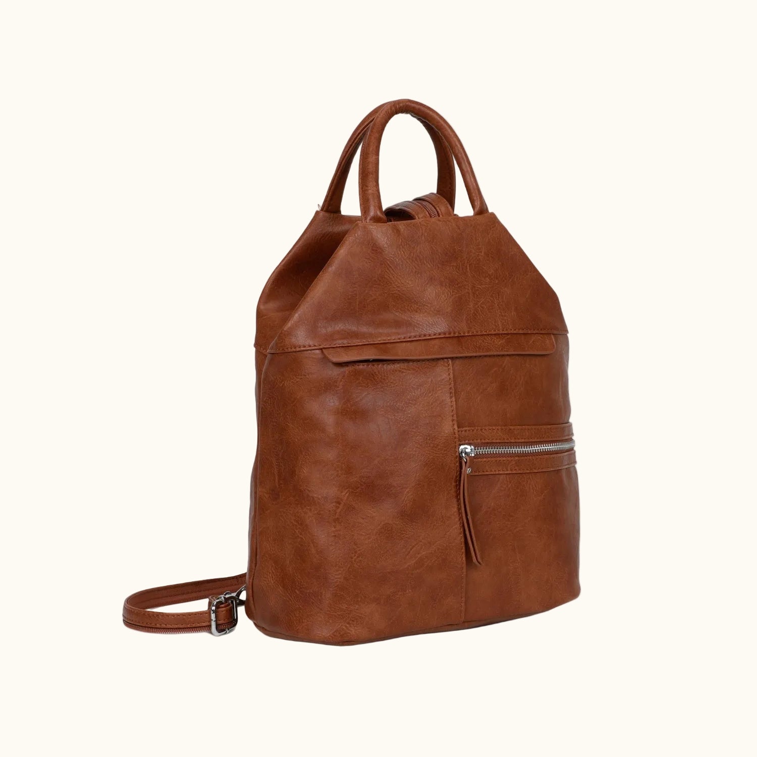 Brown leather backpack on a white background