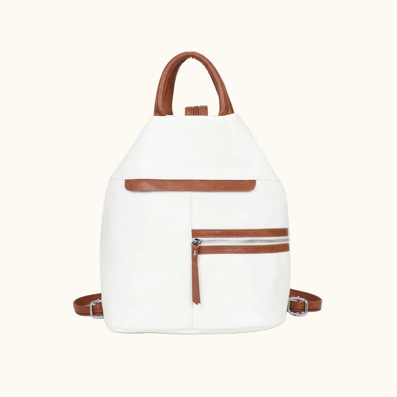 White backpack with brown accents on a white background