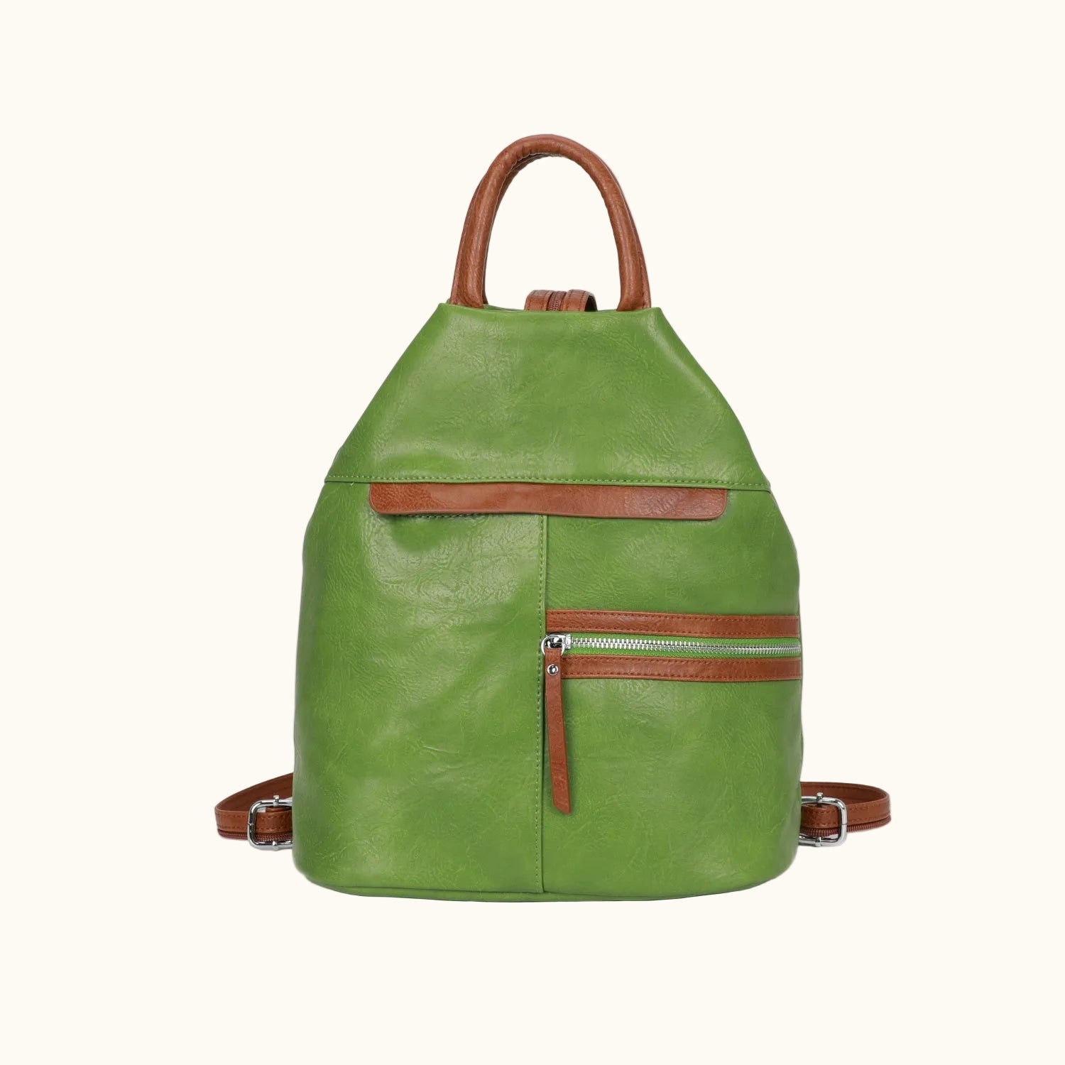 Green backpack with brown accents on a white background