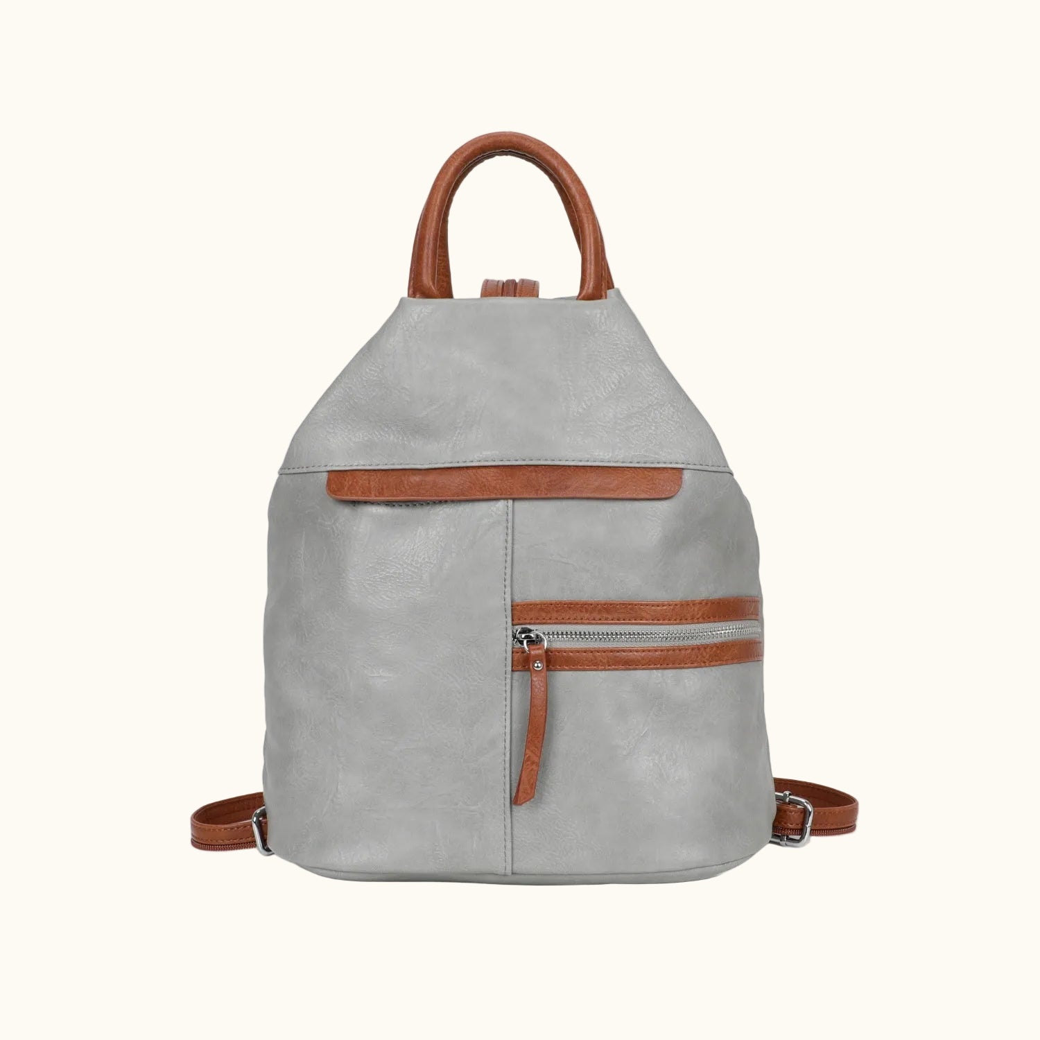 Gray backpack with brown accents on a white background