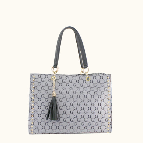 Gray handbag with black tassel and pattern on a white background