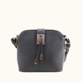 Black handbag with gold accents on a white background