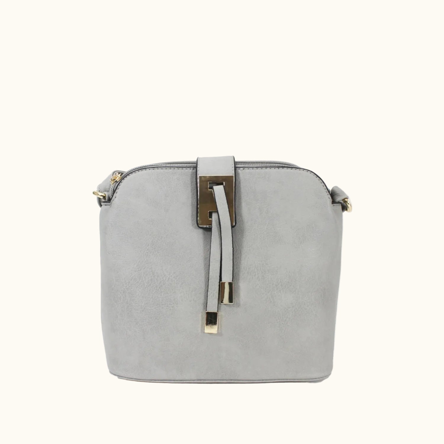 Gray handbag with gold accents on a white background