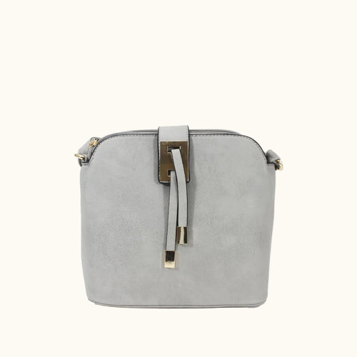 Gray handbag with gold accents on a white background