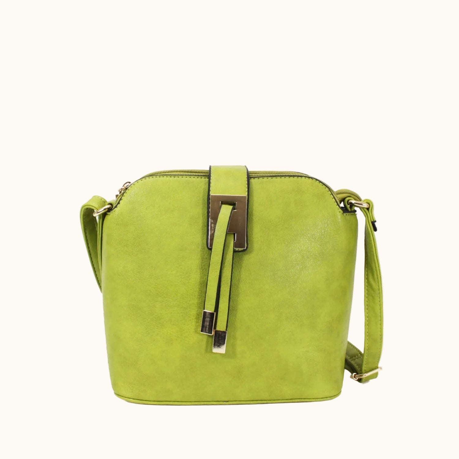 Green handbag with a strap on a white background
