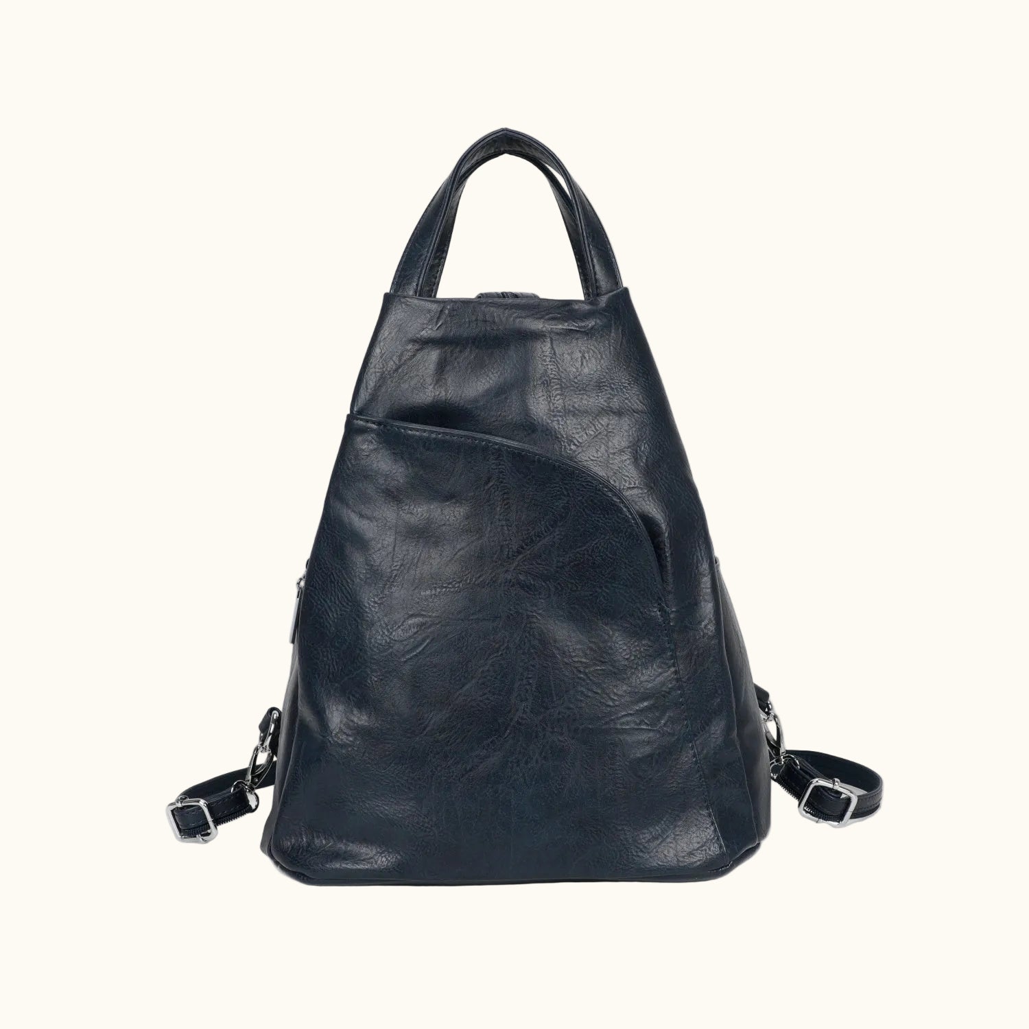 Black leather backpack on a white background