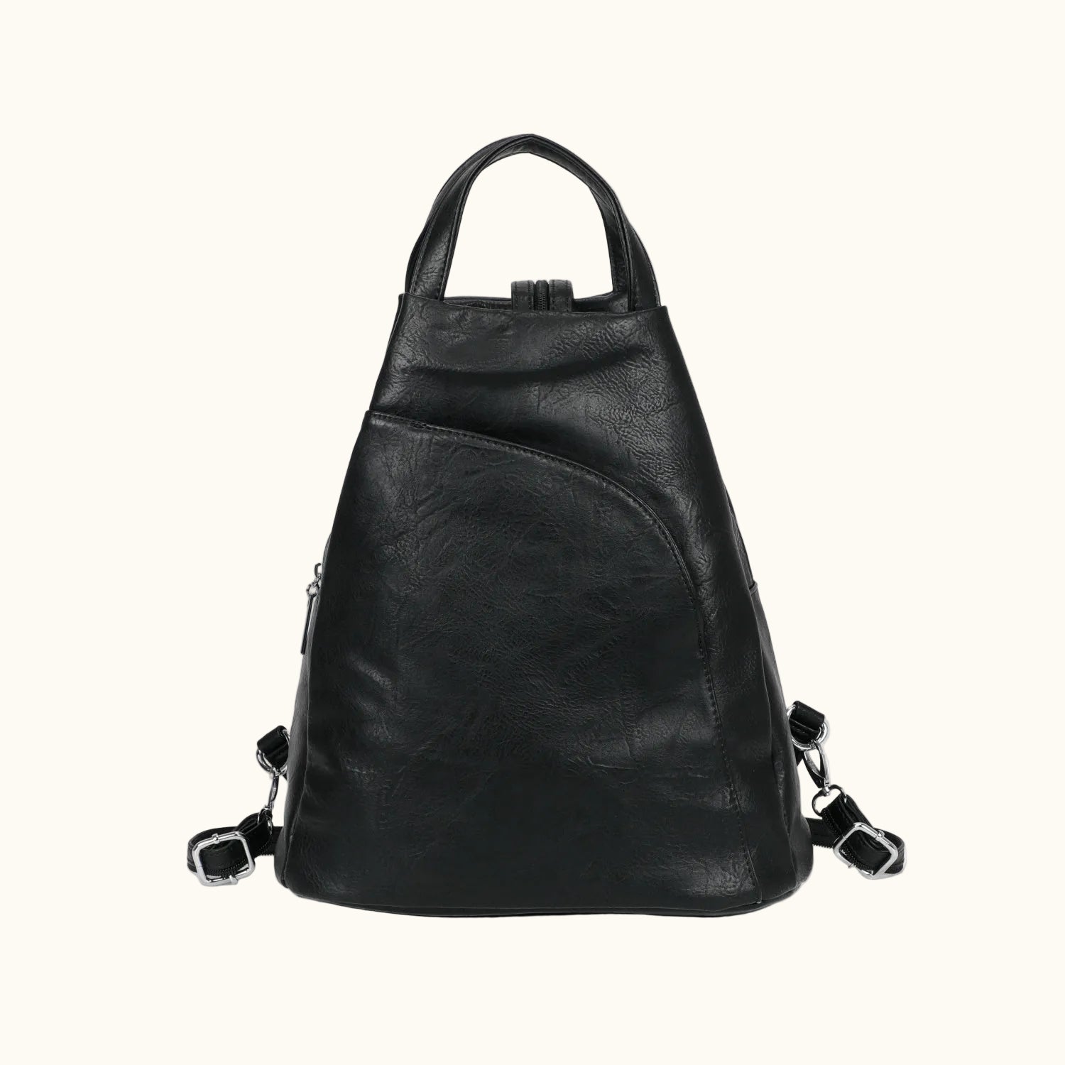 Black leather backpack on a white background