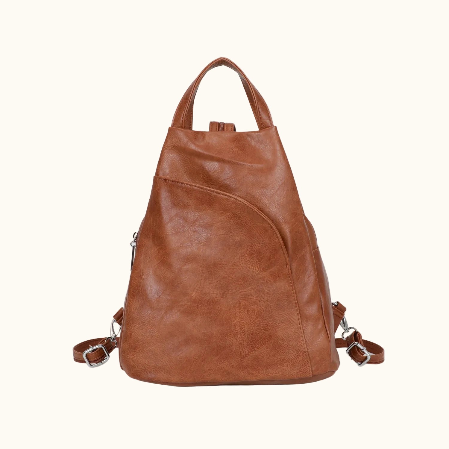 Brown leather backpack on a white background