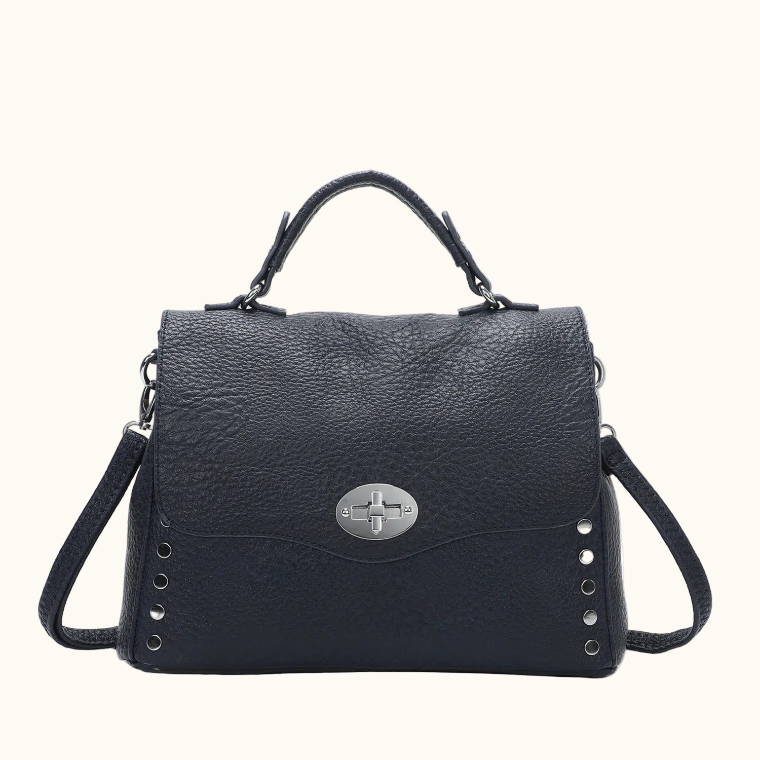 Black handbag with silver clasp on a white background