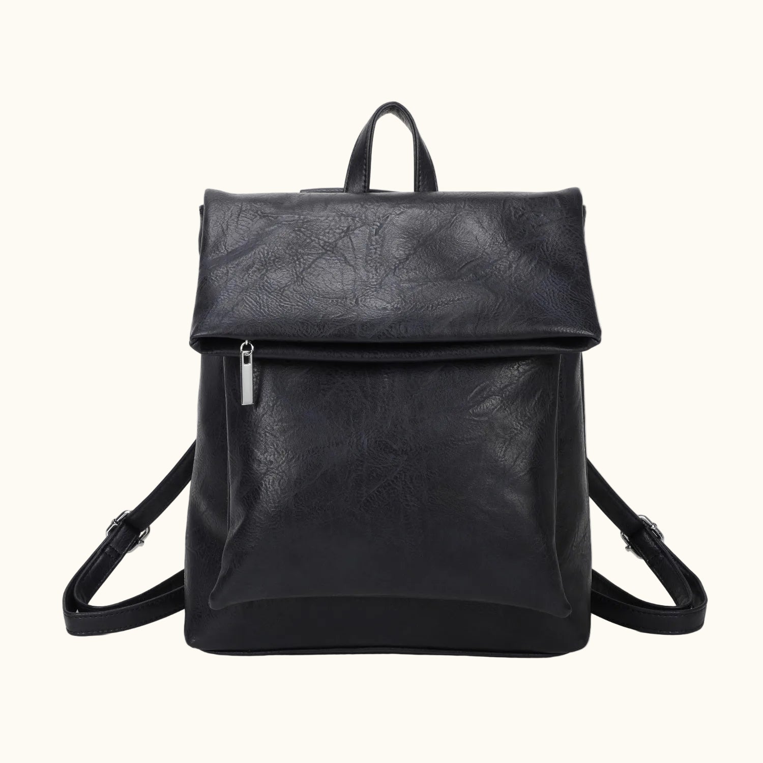 Black leather backpack on a white background