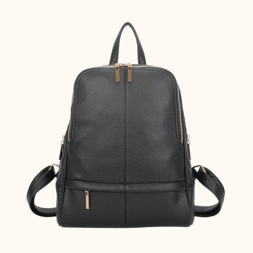 Black leather backpack on a white background