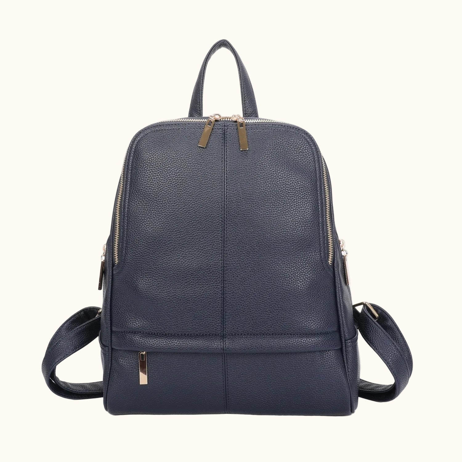 Navy blue backpack with gold zippers on a white background