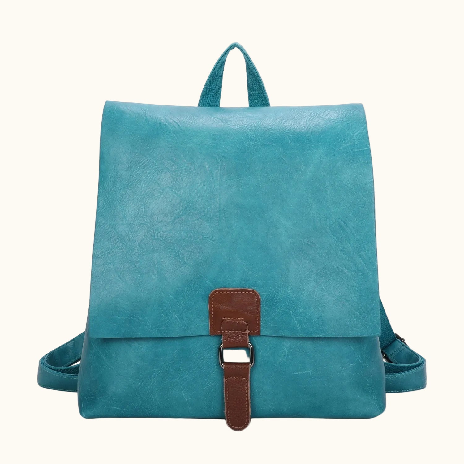 Teal backpack with a brown strap on a white background