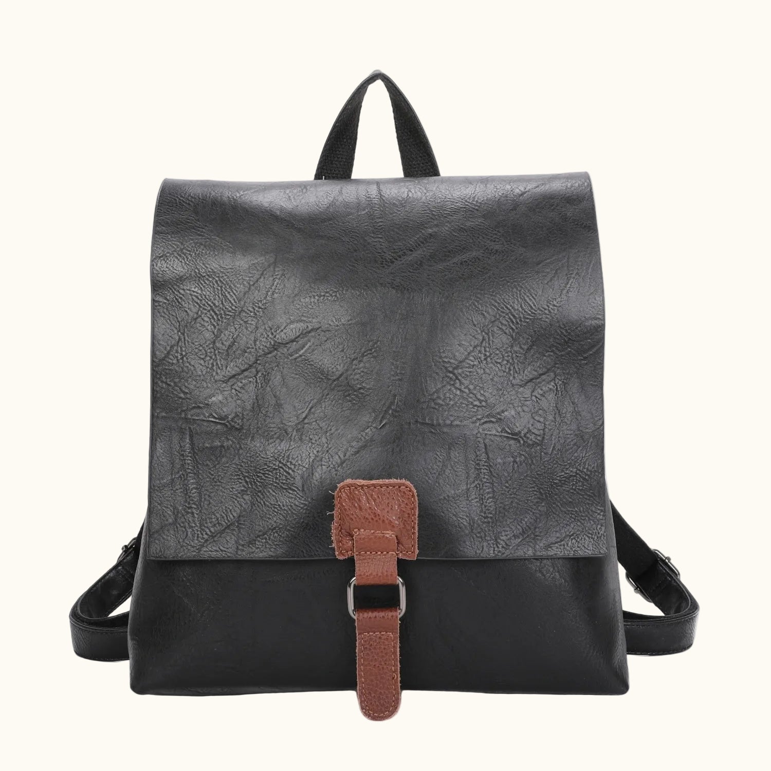 Gray textured backpack with black base and brown strap on a white background