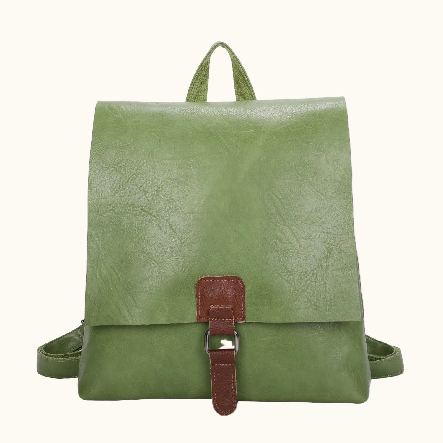 Green backpack with a brown strap on a white background
