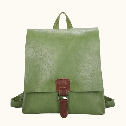 Green backpack with a brown strap on a white background