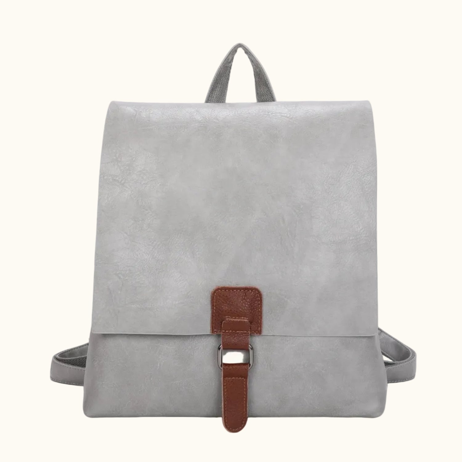 Gray backpack with a brown strap on a white background