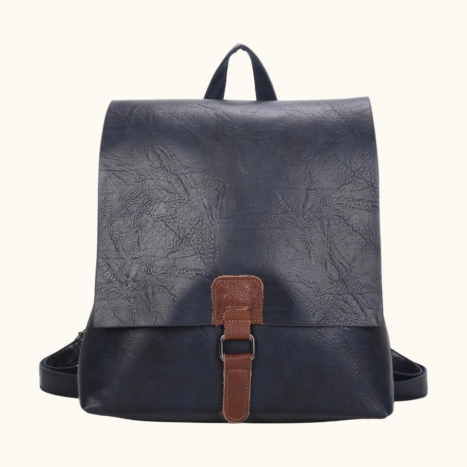 Black leather backpack with brown strap on a white background