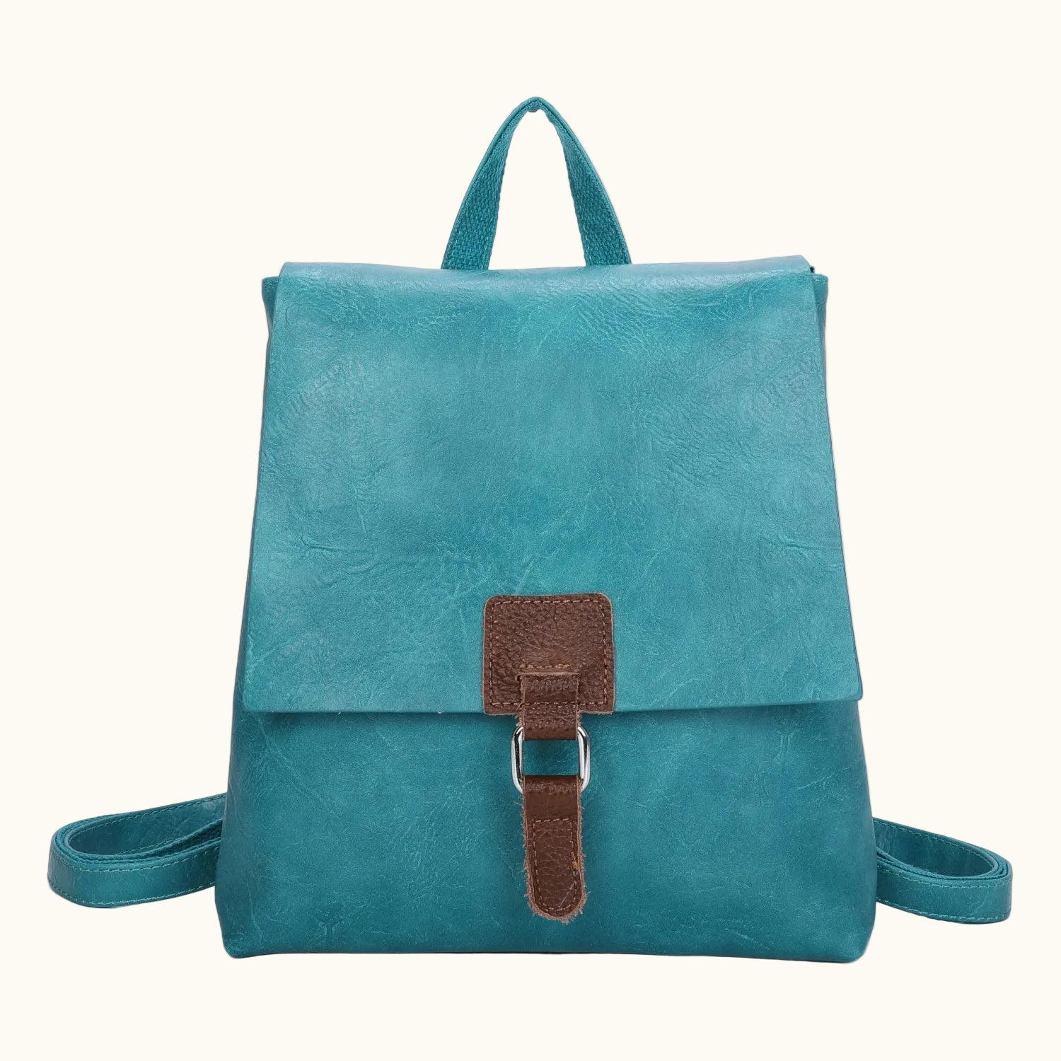 Teal backpack with a brown strap on a white background
