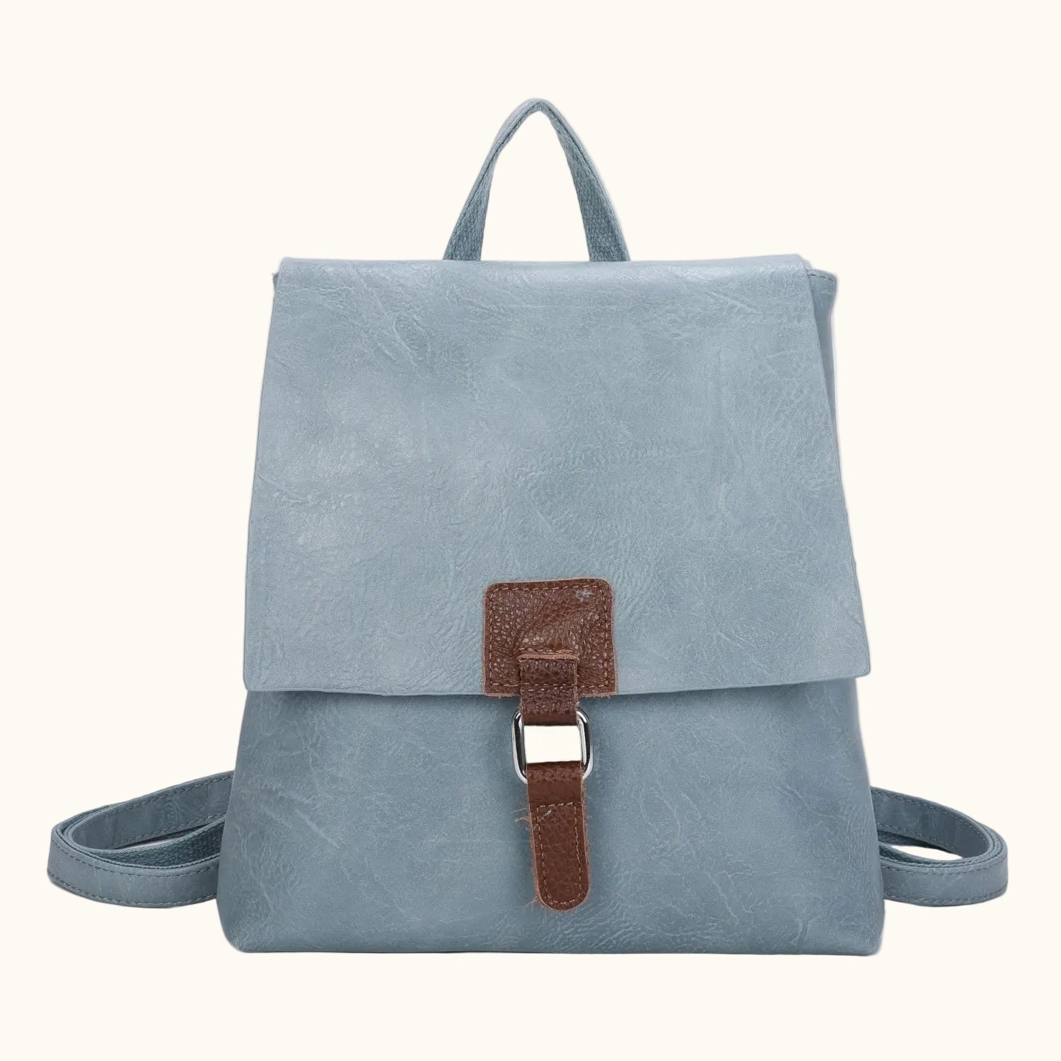 Light blue backpack with a brown strap on a white background