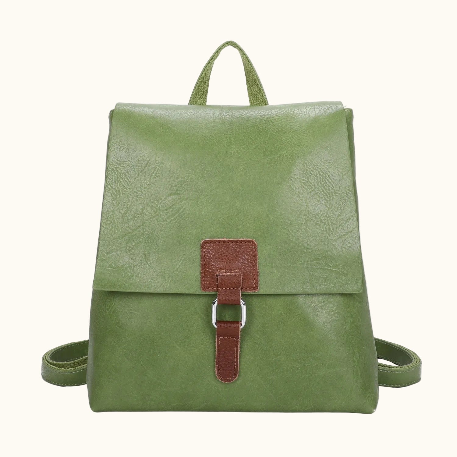 Green backpack with a brown strap on a white background