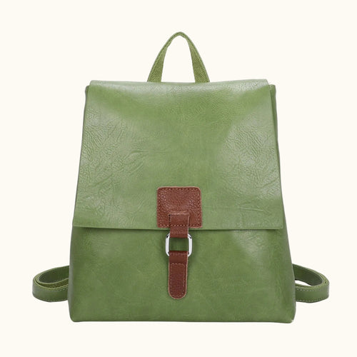 Green backpack with a brown strap on a white background