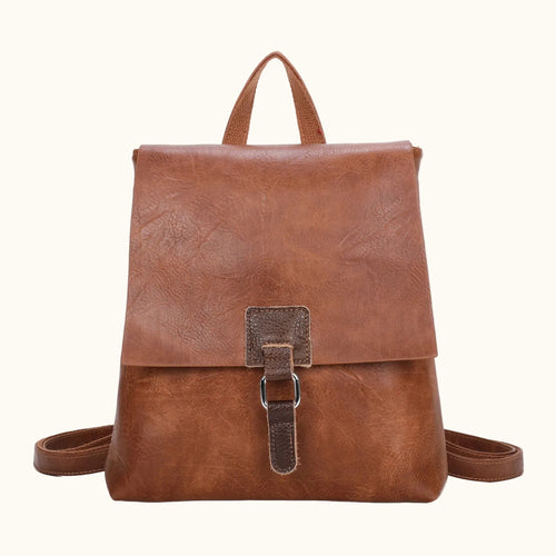 Brown leather backpack on a white background