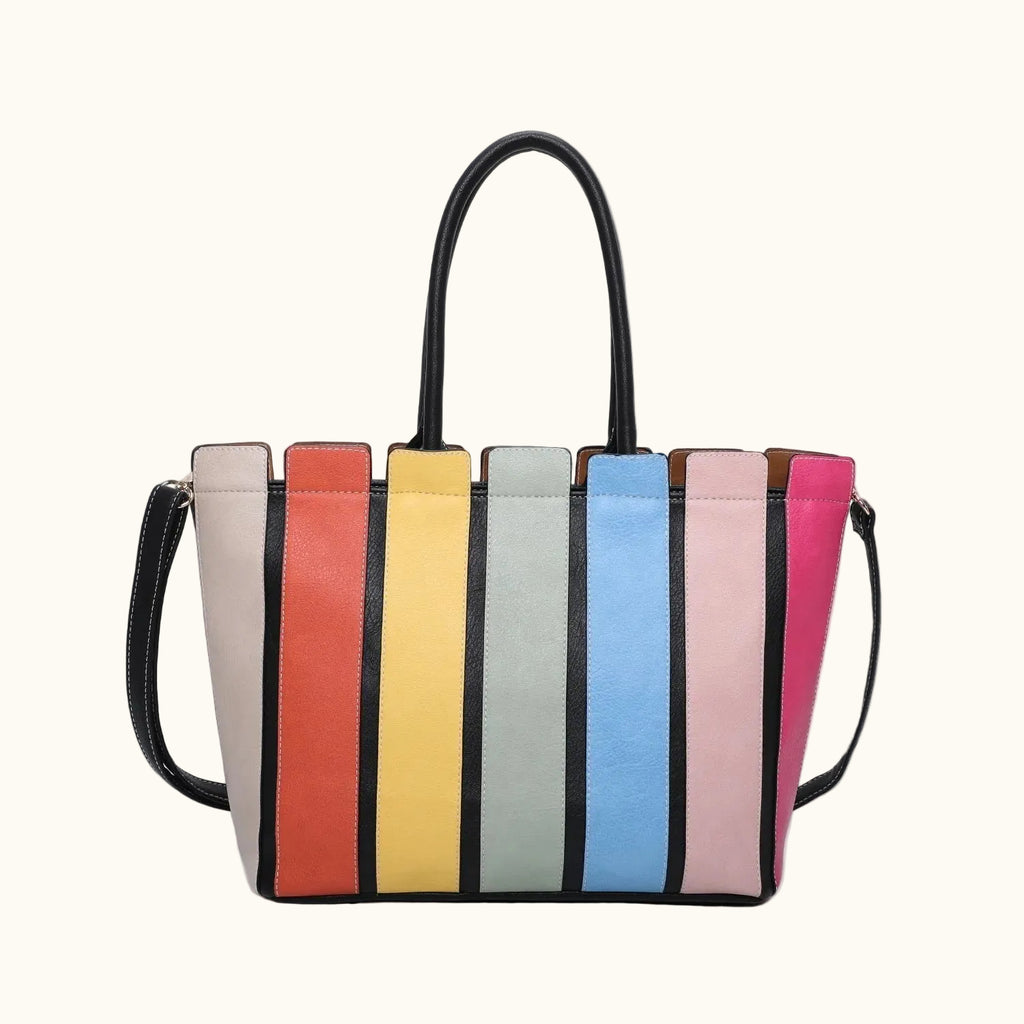 Colorful striped handbag with a black handle and strap on a white background