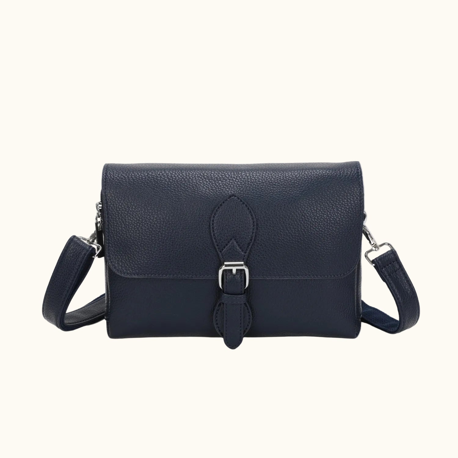 Navy blue handbag with a buckle on a white background