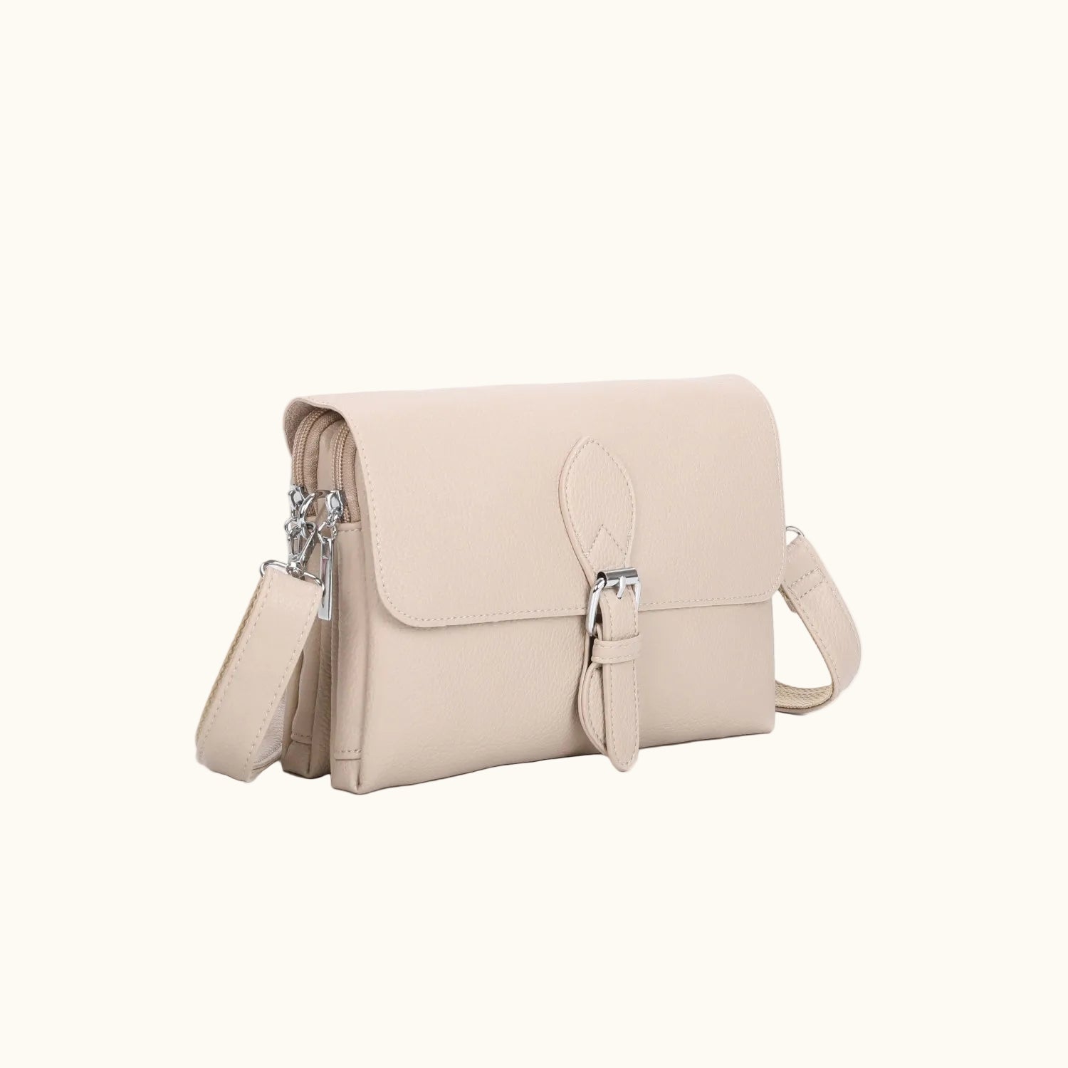 Beige handbag with a strap on a white background