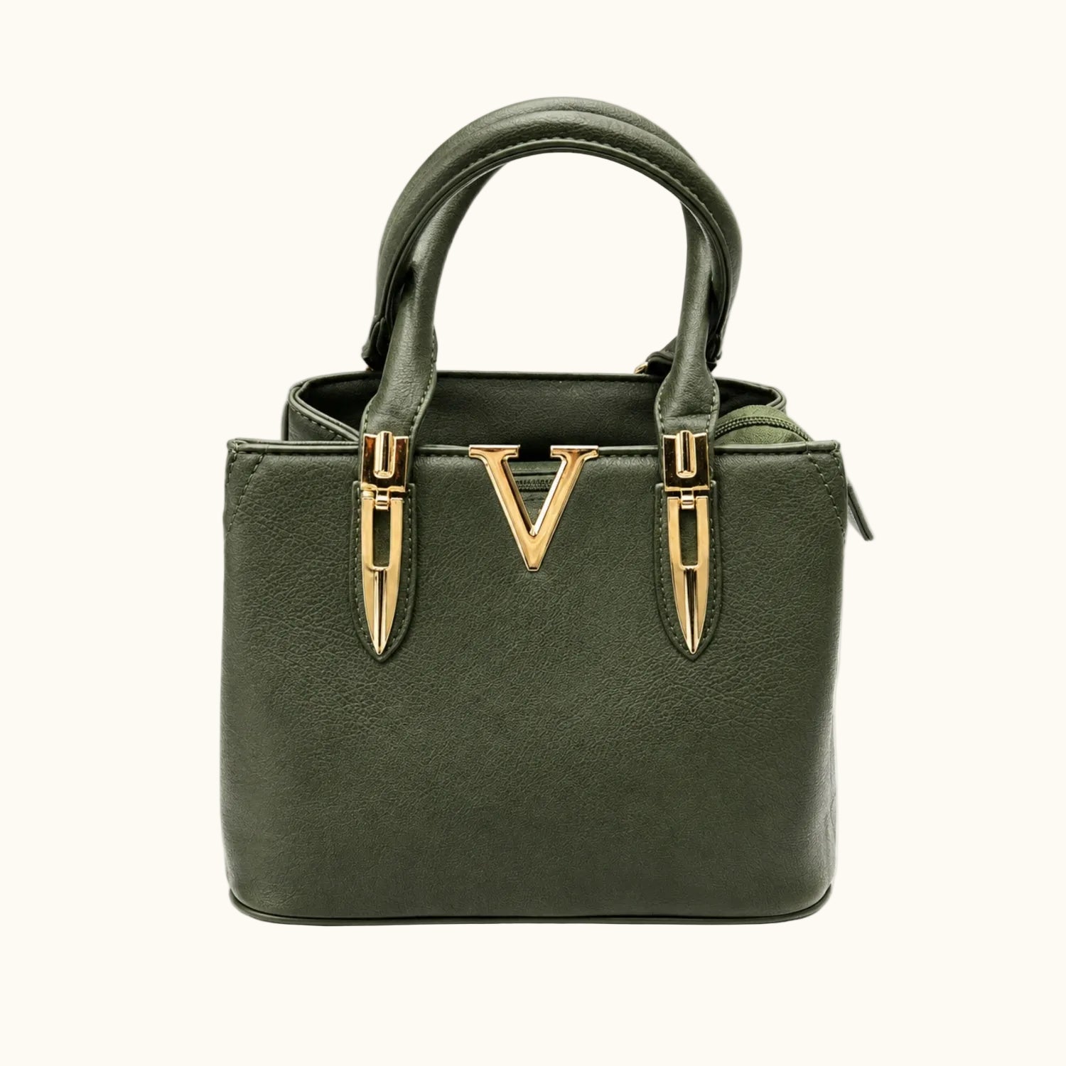 Green handbag with gold accents on a white background