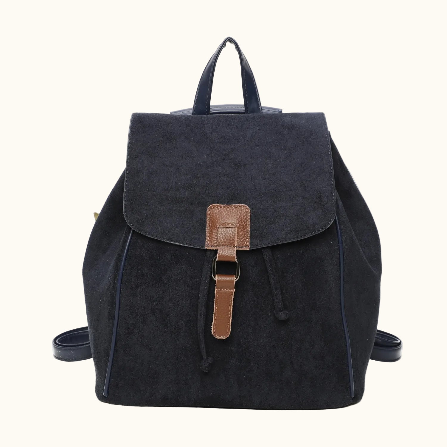 Black backpack with brown leather strap on a white background