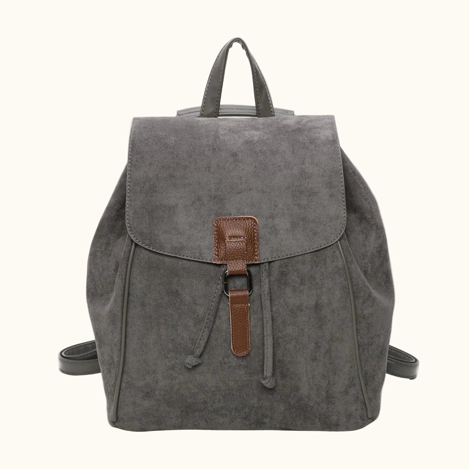 Gray backpack with a brown buckle on a white background