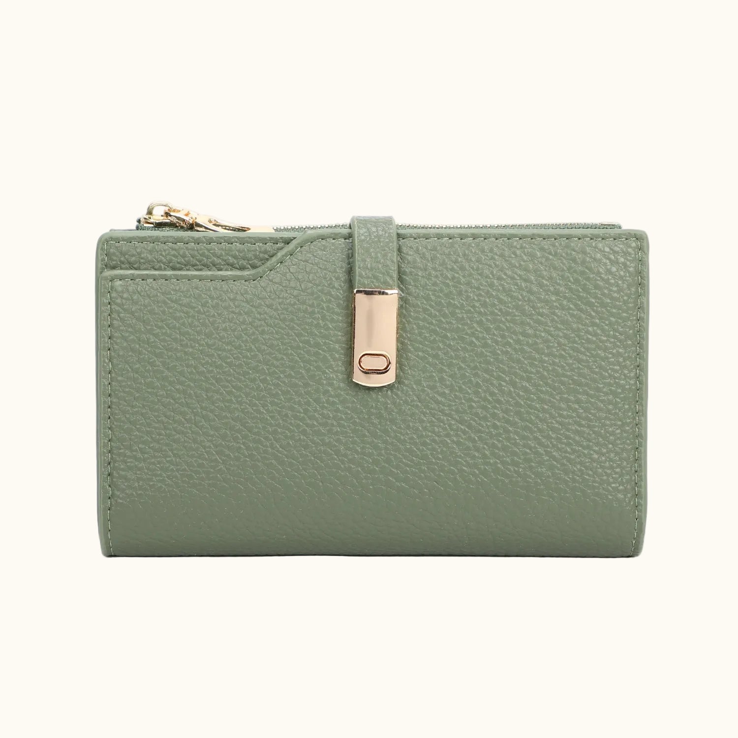 Green wallet with a gold clasp on a white background
