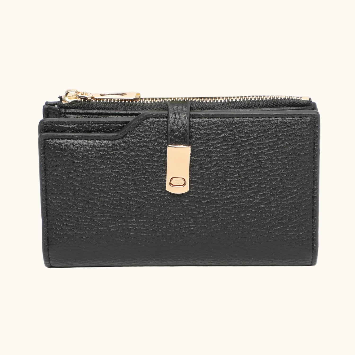 Black leather wallet with gold zipper on a white background