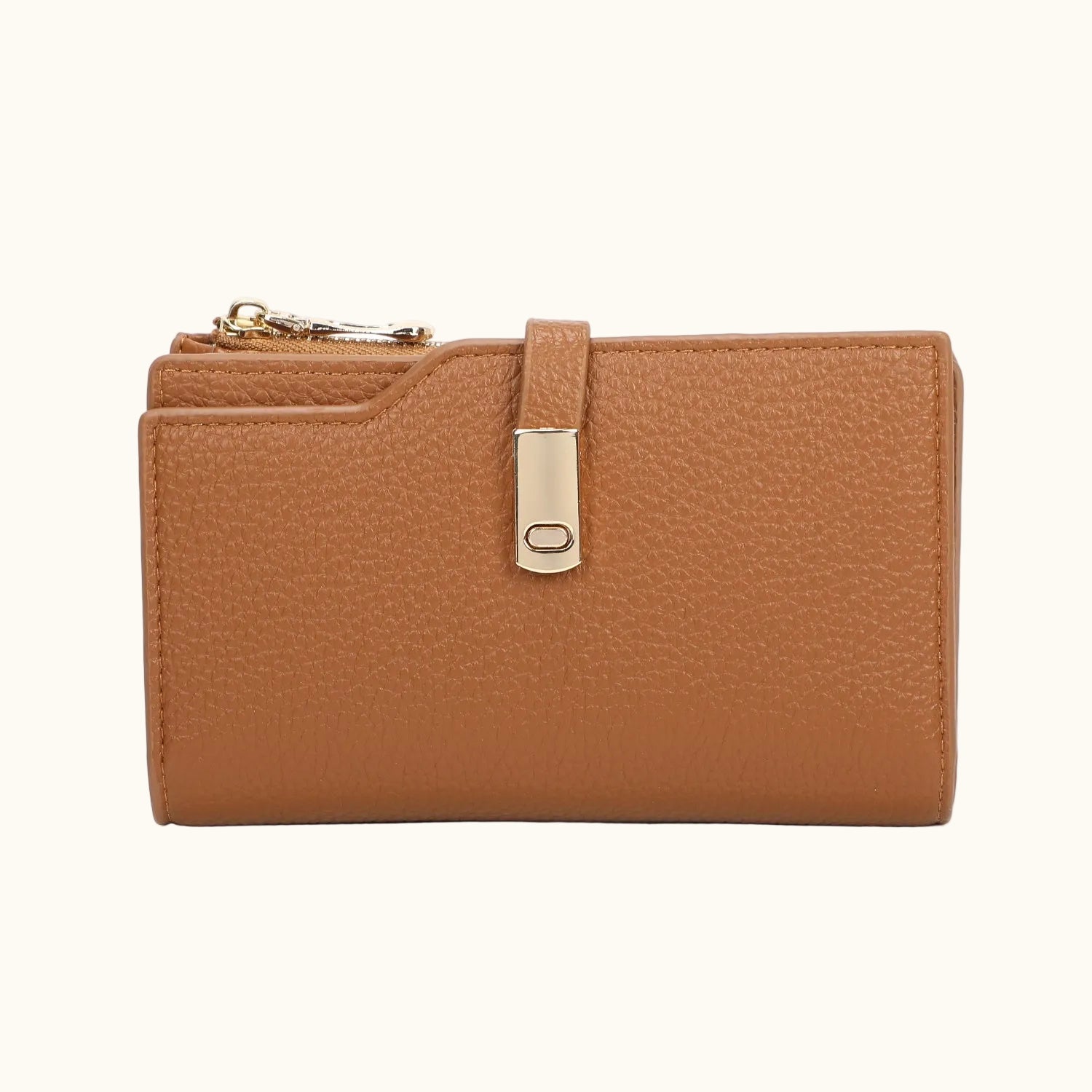 Brown wallet with gold zipper and clasp on a white background