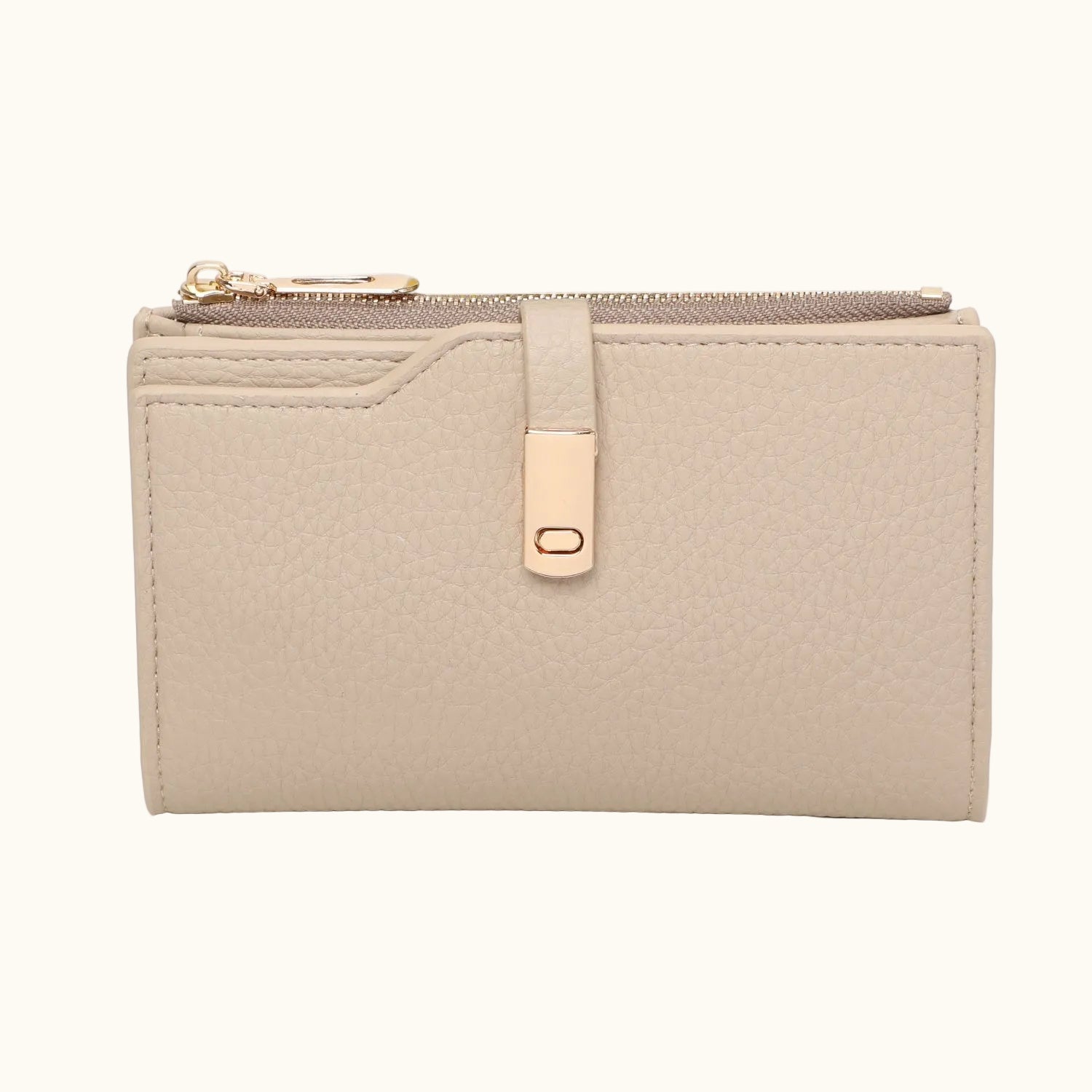 Beige wallet with gold zipper on a white background
