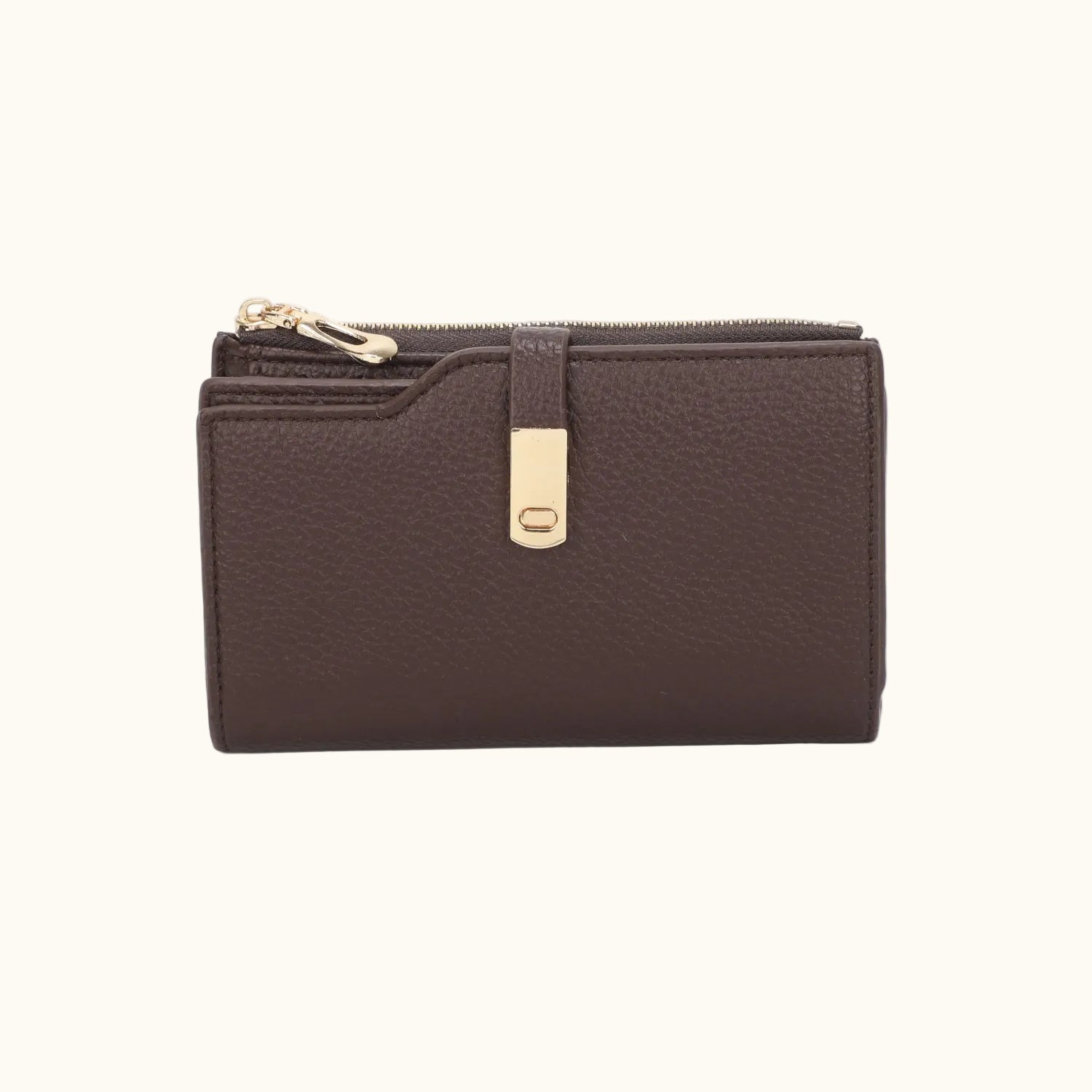 Brown leather wallet with gold zipper on a white background