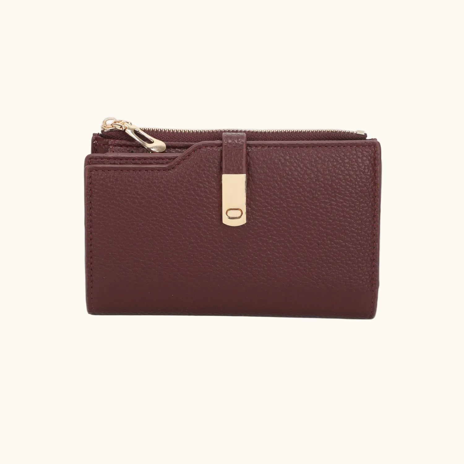 Brown leather wallet with gold zipper on a white background
