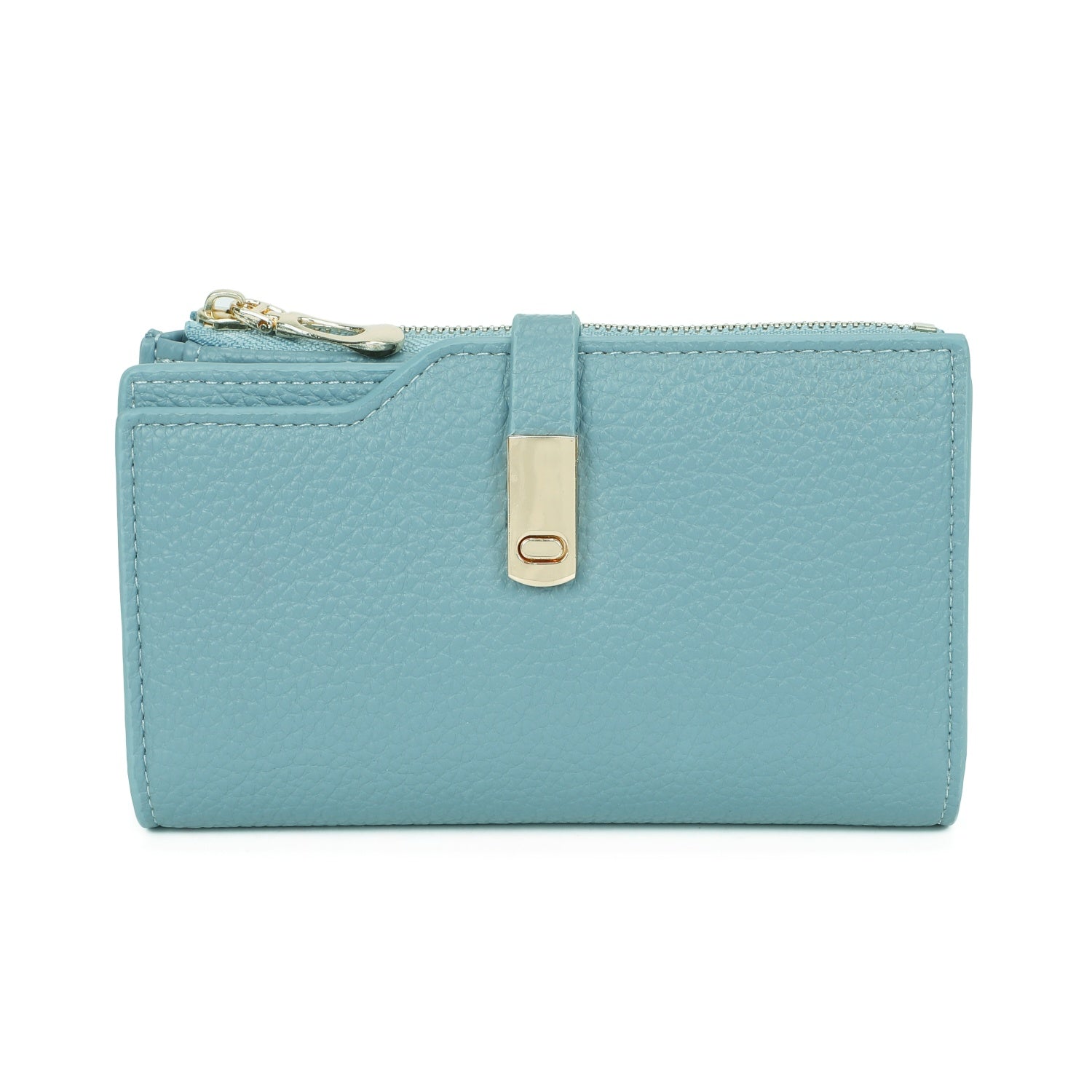 Light blue wallet with gold zipper on a white background