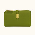 Green wallet with gold zipper and clasp on a white background