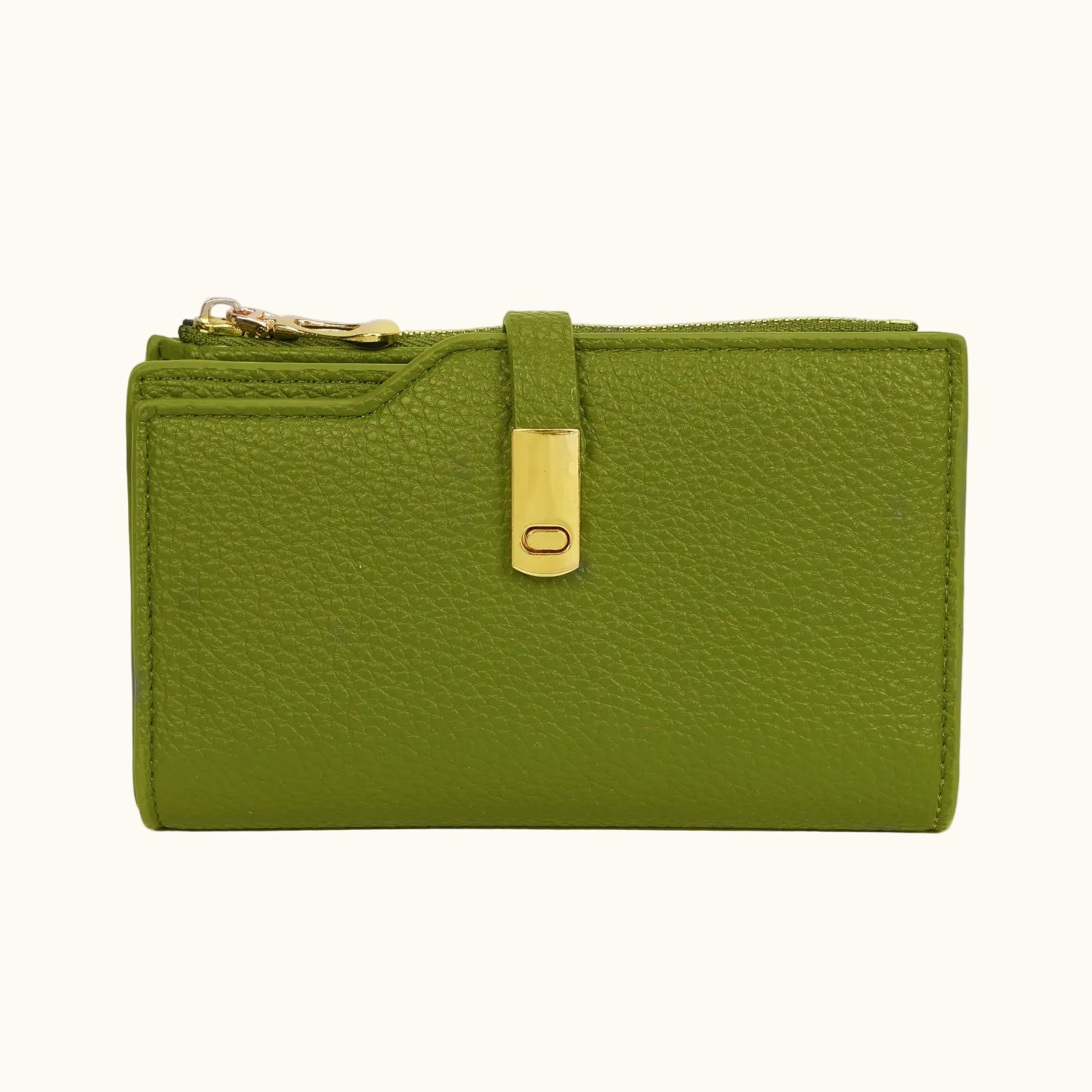 Green wallet with gold zipper and clasp on a white background